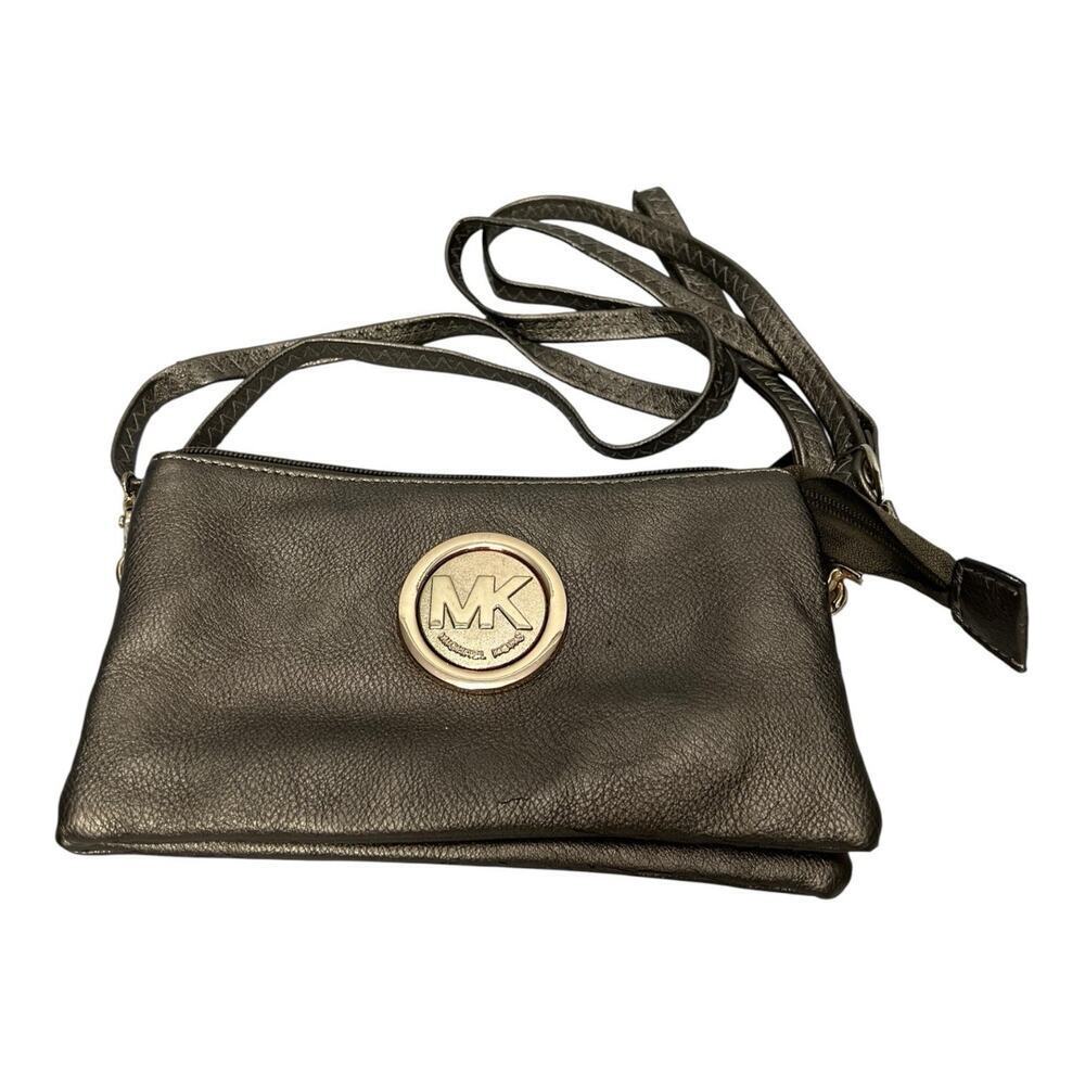 Michael Kors Gold Metallic Monogram Wristlet Clutch Bag Shoulder Strap